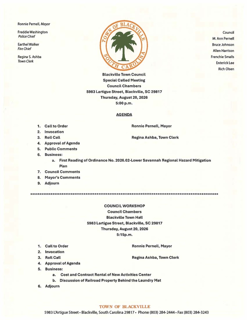 Agenda Special Called and Workshop Meetings 08-20-2026