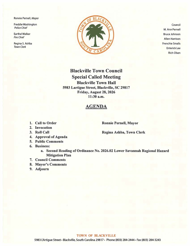 Special Called meeting Agenda 8/28/26