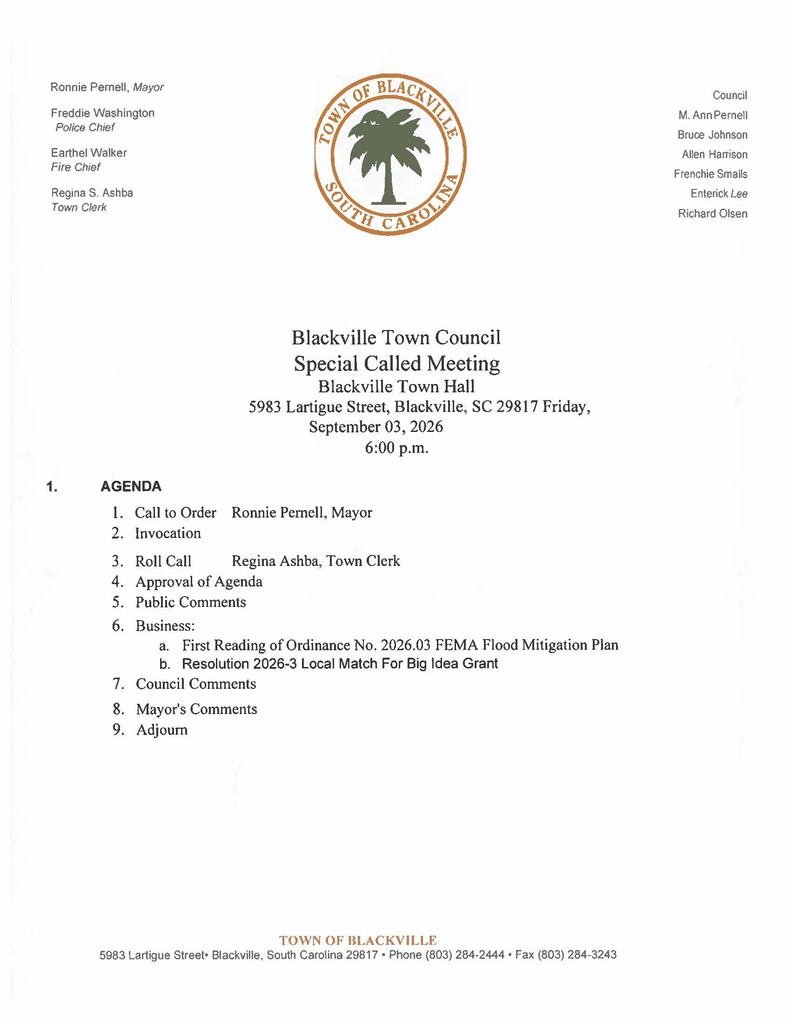 Special Called meeting Agenda9/3/26
