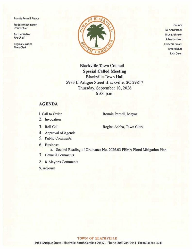 Special Called meeting Agenda 9/10/26