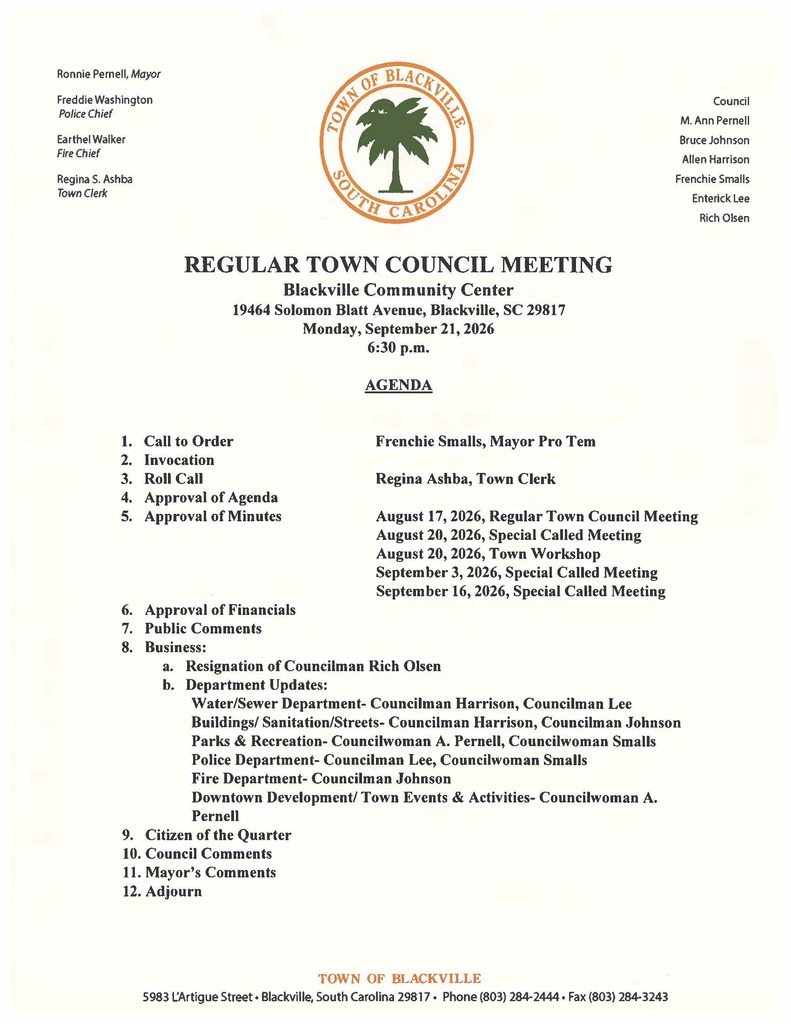 Regular Town Council Meeting Agenda 09-21-2026