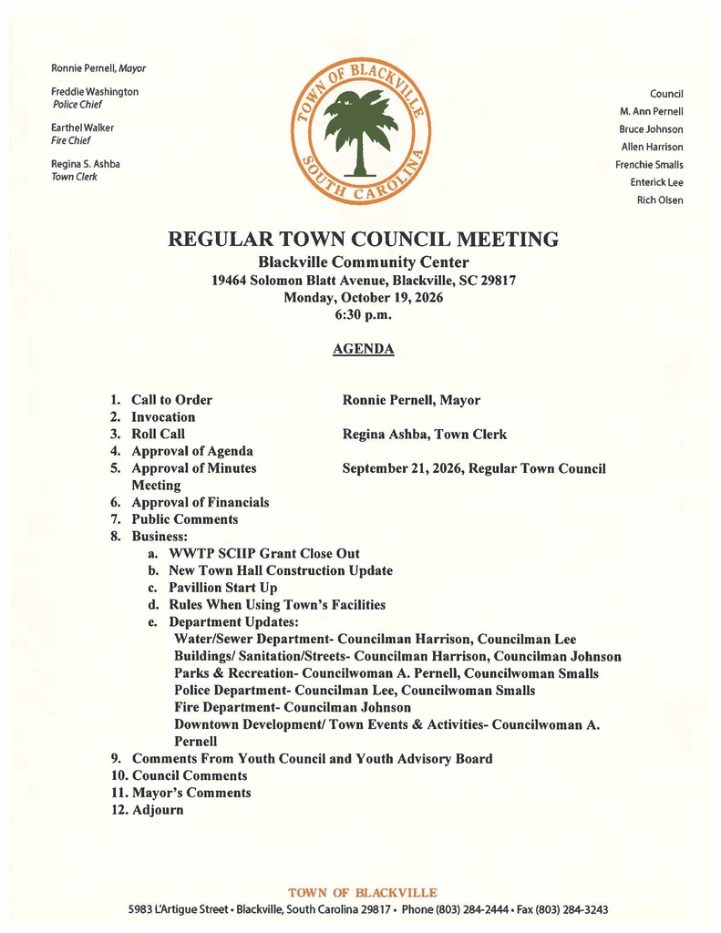 Regular Town Council Meeting Agenda 10-19-2026