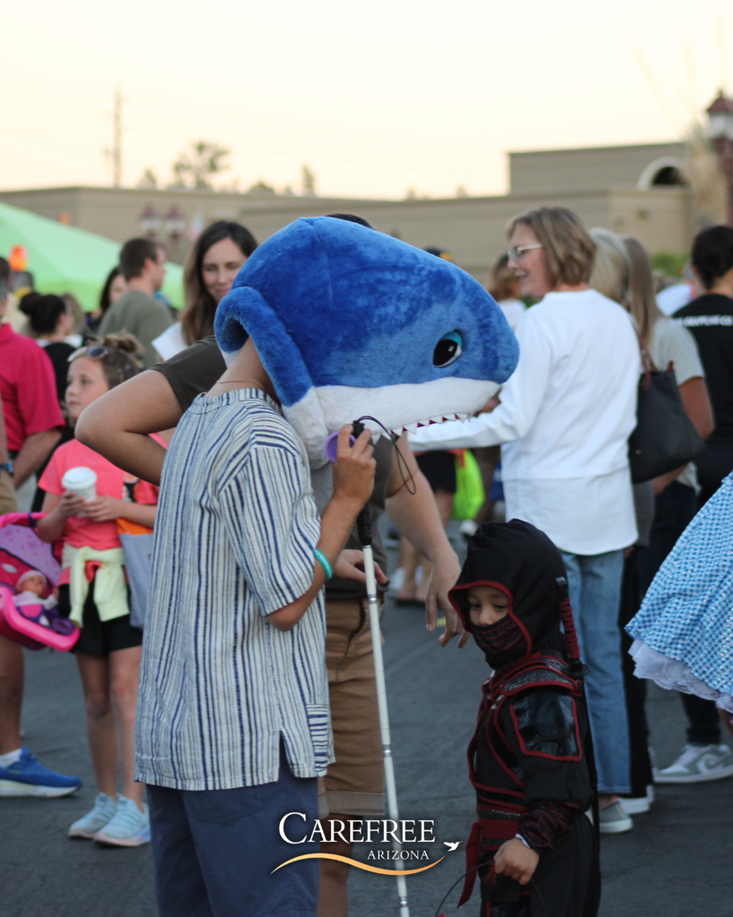 Boy wearing shark head costume