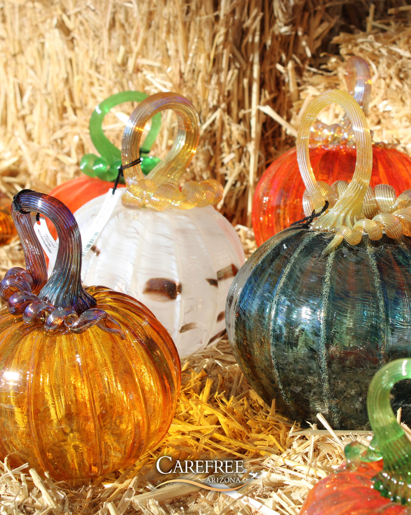 Up close photo of glass pumpkins