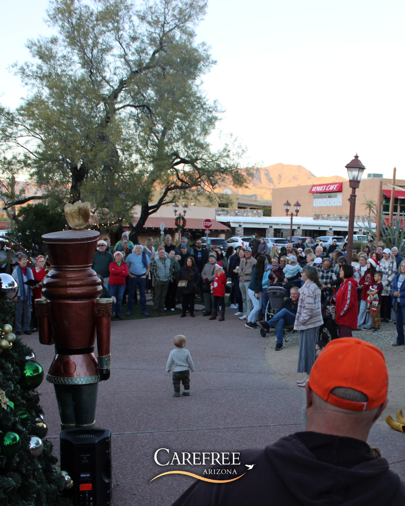 Little boy in the middle of a crowd singing carols