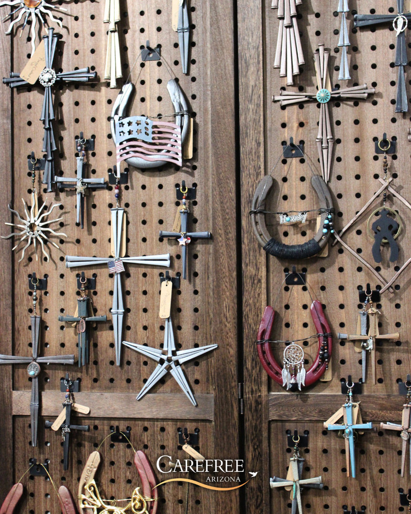 Wall of metal artworks