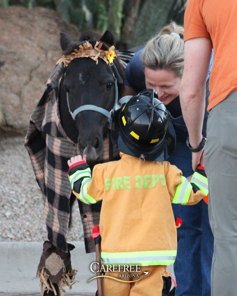 Toddler dressed as a firefighter reaching out to a small horse wearing a plaid blanket and a straw hat decoration.