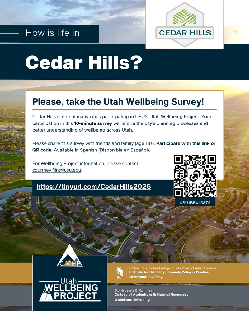 digital flyer, text says "how's life in cedar hills?"  with qr code and link to the utah wellbeing survey
