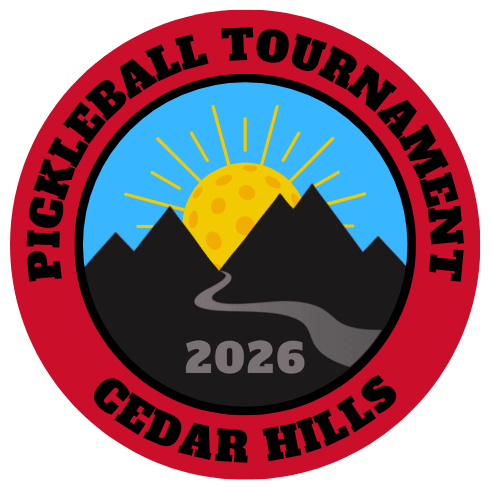 pickleball tournament 2026 cedar hills, circle logo with red border, with black mountains, yellow sun , blue sky