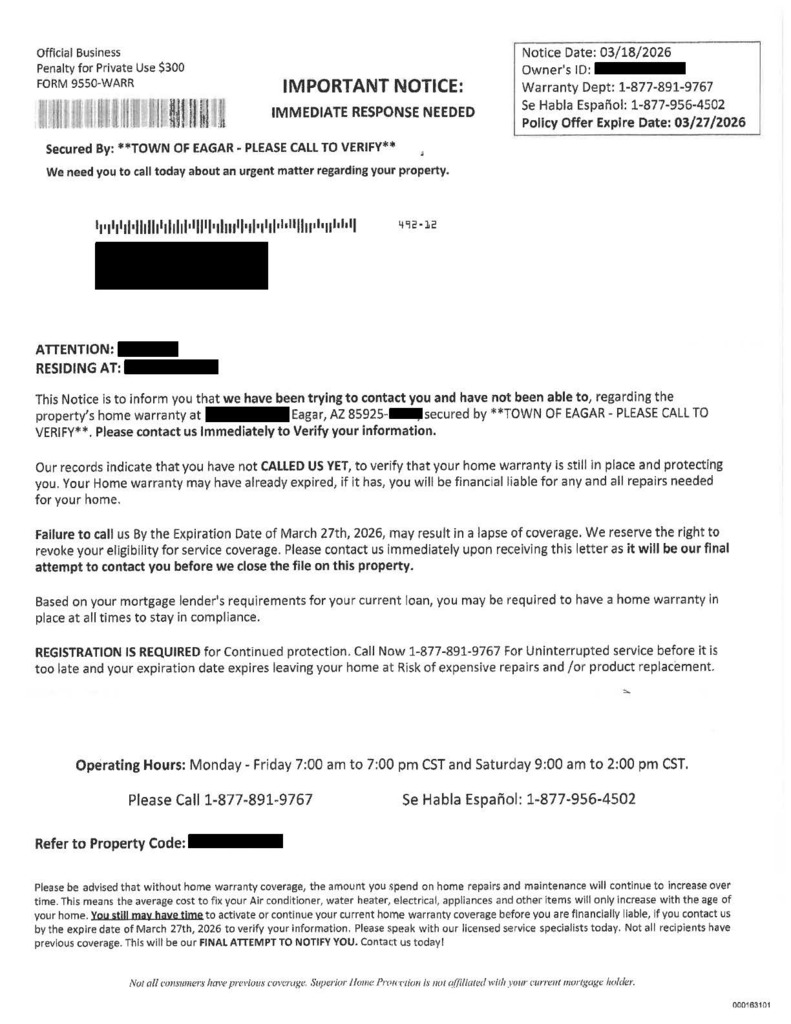 Letter: Scam_Eagar_Warranty_Redacted