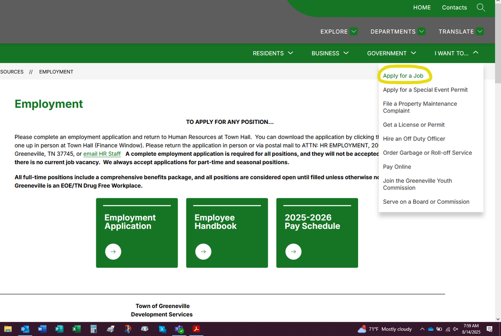 Employment website page
