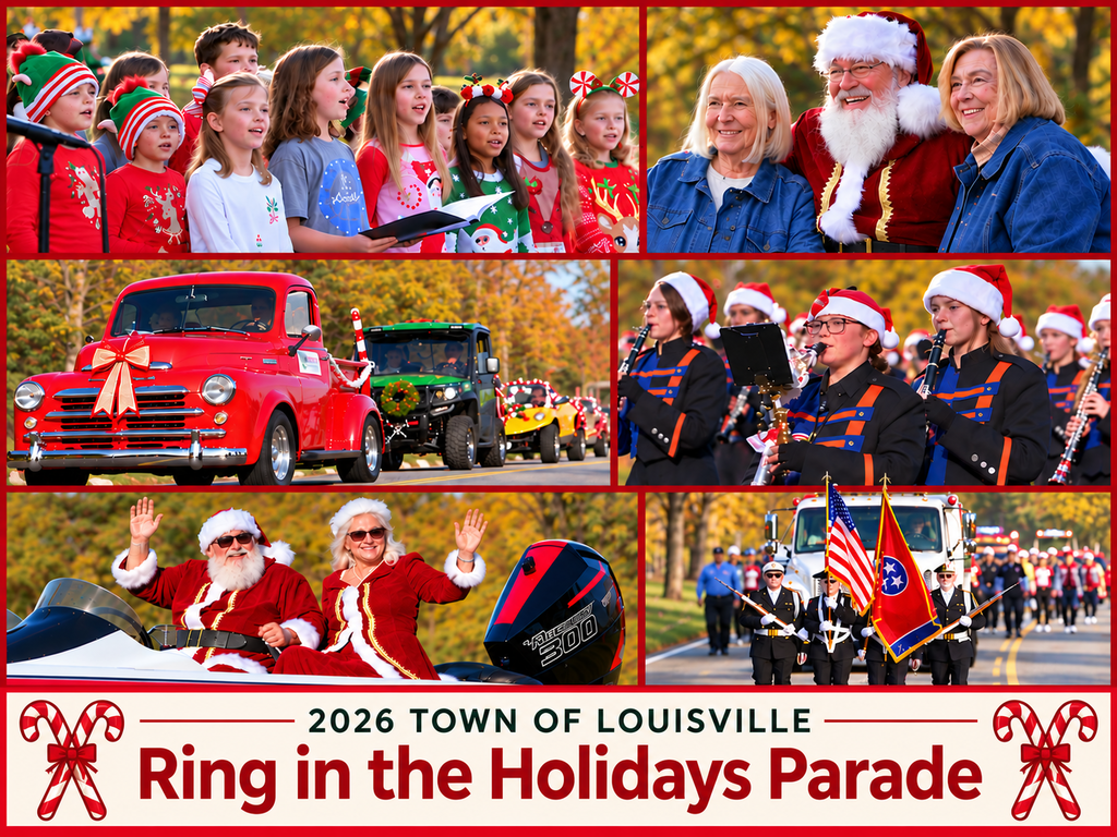 A festive photo collage promoting the 2026 Town of Louisville Ring in the Holidays Parade. Six photos feature children singing in holiday attire, Santa Claus posing with community members, a decorated red vintage truck leading parade vehicles, a marching band wearing Santa hats, Santa and Mrs. Claus waving from a boat, and a patriotic color guard carrying American and Tennessee flags. The photos are separated by red borders and feature colorful autumn scenery. A cream-colored banner along the bottom displays the event title in bold red and dark green lettering, with decorative red-and-white candy canes on each side.
