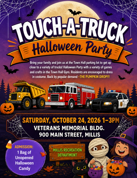 Touch a truck halloween party flyer for Sat 10/24/26 from 1-3pm at 900 main street