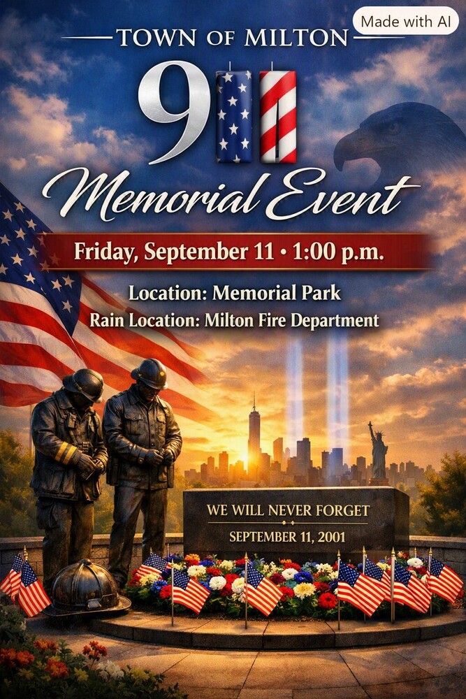 Picture of firefighters bowing their heads at a 9/11 memorial  surrounded by American flags. In the background is a picture of a sunrise with light towers representing the twin towers in New York City