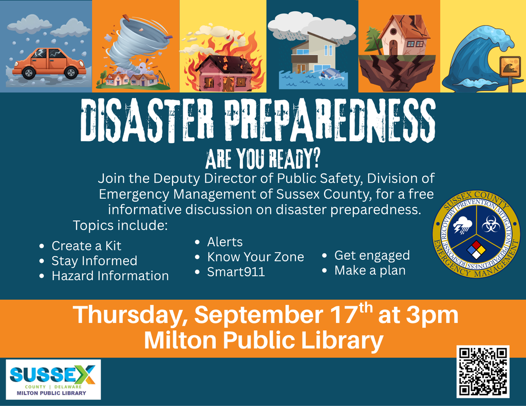 Flyer announcing seminar for Disaster Preparedness on Thursday, September 17th at 3 pm at the Milton Public Library