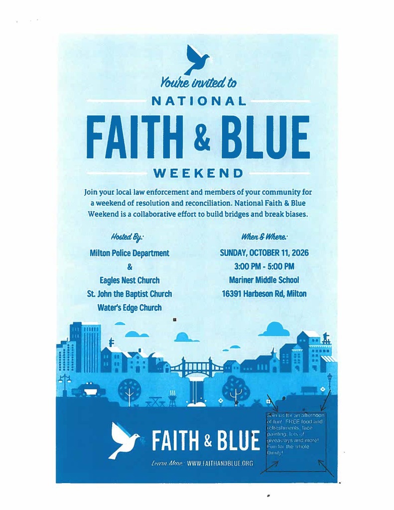 Youre invited to National Faith & Blue Weekend on October 11, 2026, 3:00 pm to 5:00 pm at Mariner Middle School, 16391 Harbeson Road, Milton