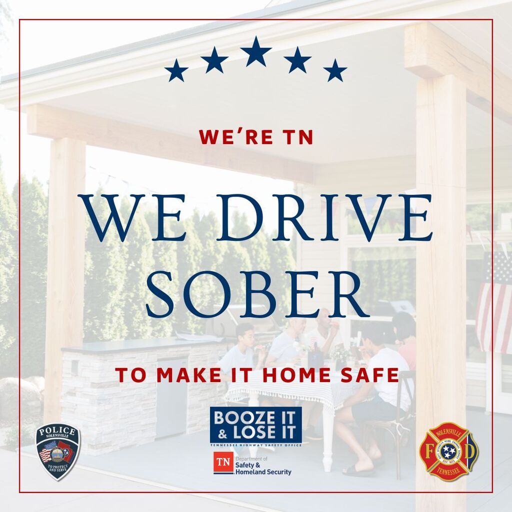 A photo of a sunny porch. Overlaid text in red, white and blue reads: “We’re TN; We drive sober to make it home safe.”