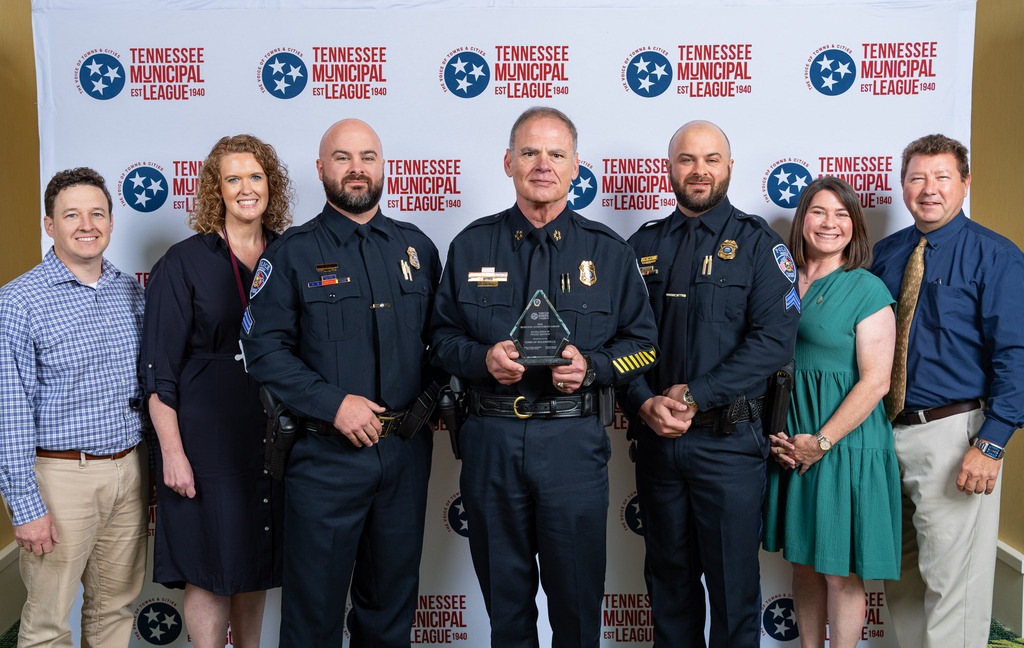 The Town of Nolensville and the Nolensville Police Department are honored to receive the 2026 Tennessee Municipal League Award for Excellence in Police Services. Pictured L-R: Commissioner Tyler Carpenter, Mayor Halie Gallik, Sgt. Kyle Neal, Chief Dale Armour, Sgt. Matt Neal, Vice Mayor Jessica Salamida, and Town Manager Victor Lay
