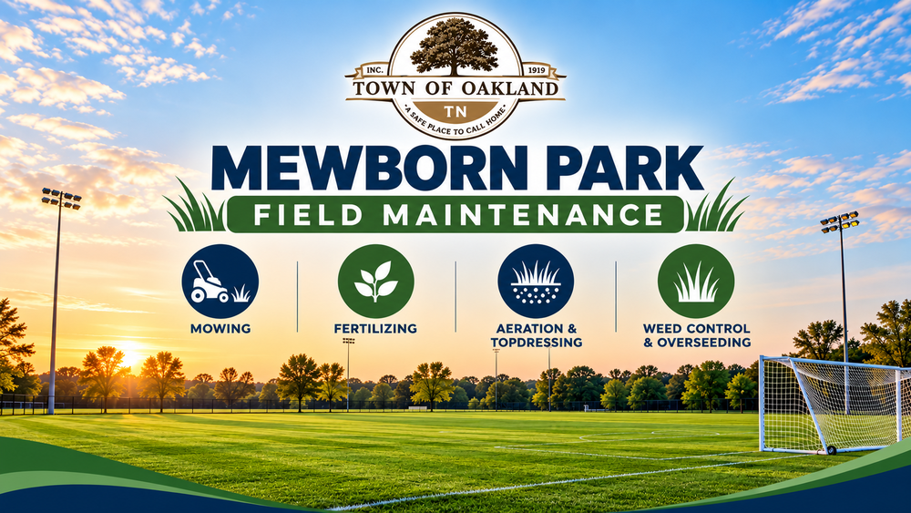Alt text: Town of Oakland Mewborn Park Field Maintenance graphic featuring a soccer field and highlighting mowing, fertilizing, aeration and topdressing, weed control, and overseeding services.