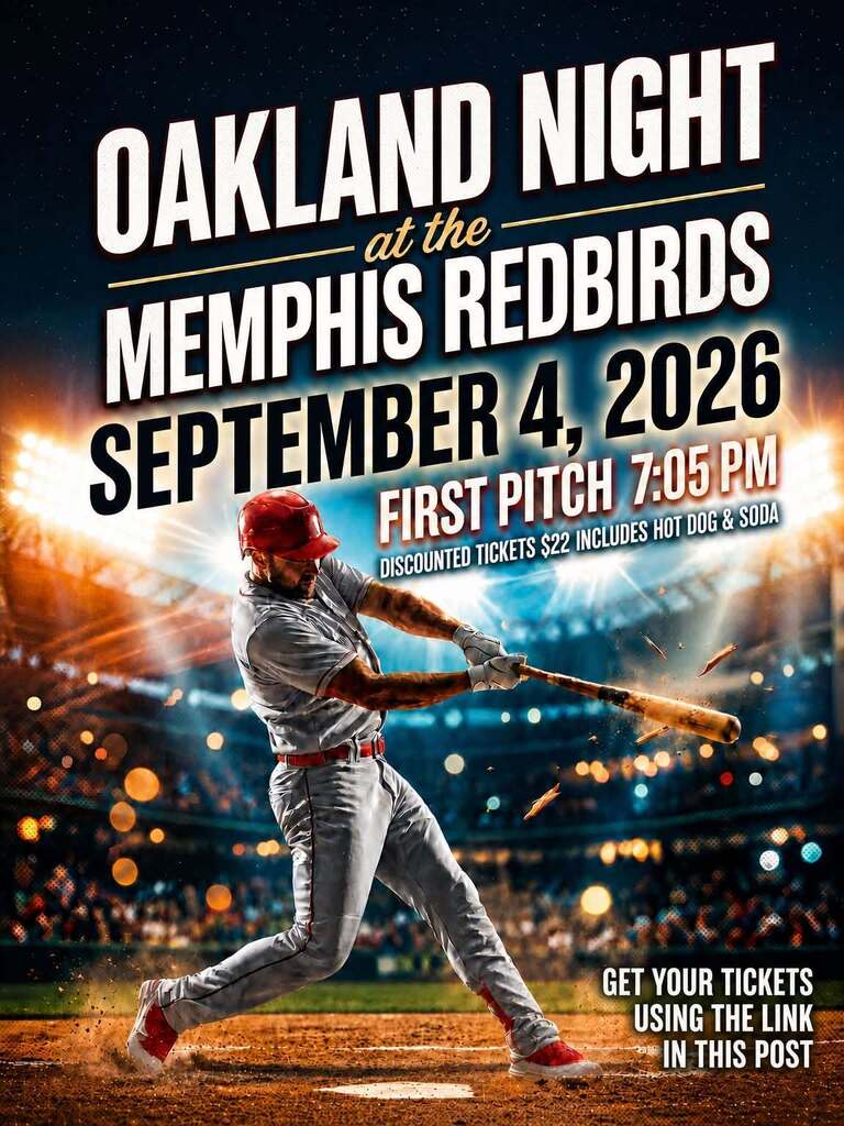 Oakland Night at the memphis redbirds. September 4th, 2026 first pitch at 7:05 Discounted tickets 22 dollars includes hot dog and soda. Use the link in the post to get tickets