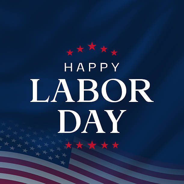 A poster that says Happy Labor Day with an American flag and stars on it. 