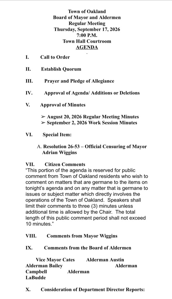 Agenda for board of mayor and alderman meeting