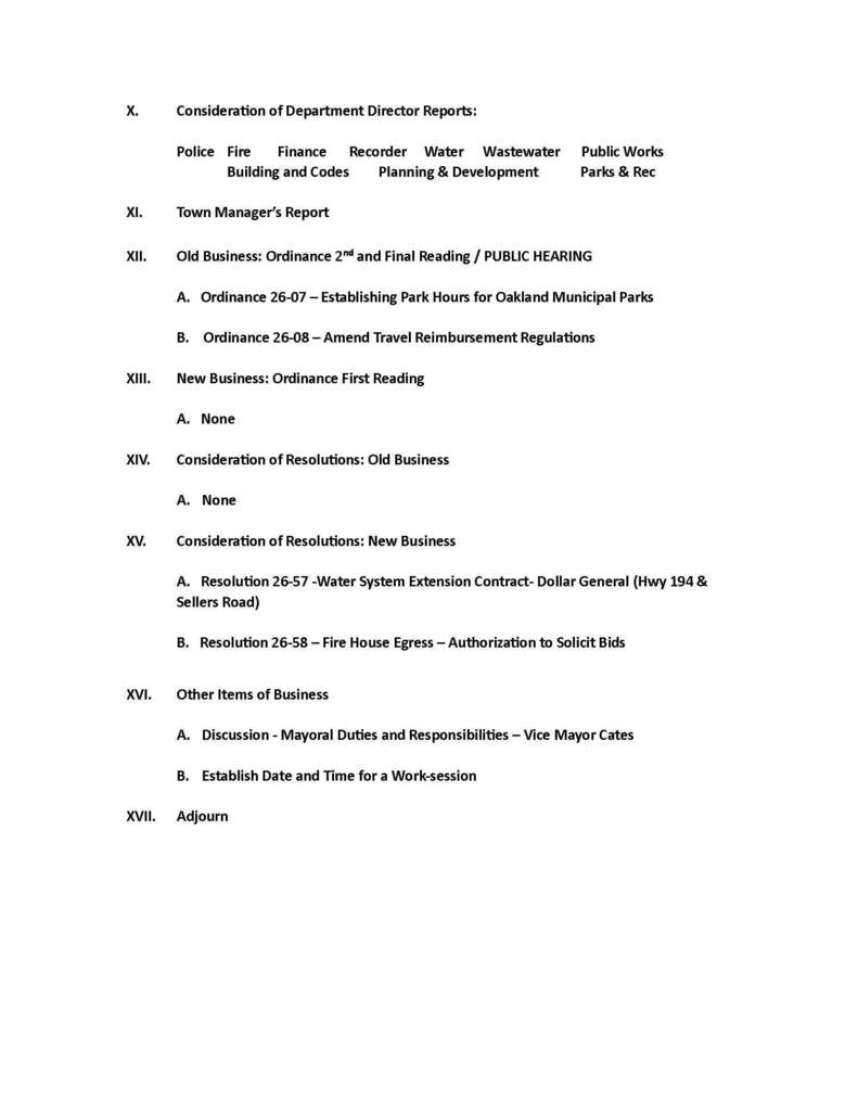 Two-page agenda for the Town of Oakland Board of Mayor and Aldermen Special Called Meeting scheduled for Monday, October 26, 2026, at 6:00 p.m. in the Town Hall Courtroom. The agenda carries over items from the October 15, 2026, meeting. Key items include acceptance of Alderman Dan Bailey’s resignation, appointment to the vacant alderman position, an IDB presentation, citizen comments, department reports, second and final readings of ordinances establishing municipal park hours and amending travel reimbursement regulations, resolutions concerning a water system extension contract and firehouse egress improvements, discussion of mayoral duties and responsibilities, and scheduling a work session.