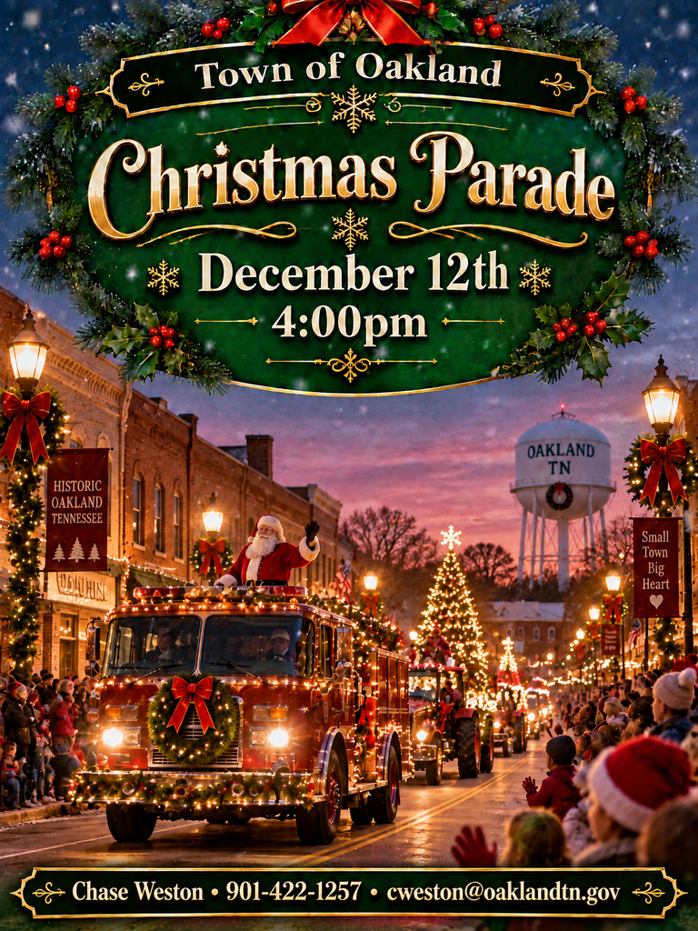 Festive Town of Oakland Christmas Parade flyer announcing the parade on December 12th at 4:00 p.m. The design features a decorated fire truck carrying Santa Claus, followed by illuminated parade floats traveling through downtown Oakland at dusk. Christmas trees, wreaths, garlands, holiday lights, and cheering spectators line the streets, with the Oakland water tower in the background. The flyer includes contact information for Chase Weston at 901-422-1257 or cweston@oaklandtn.gov.