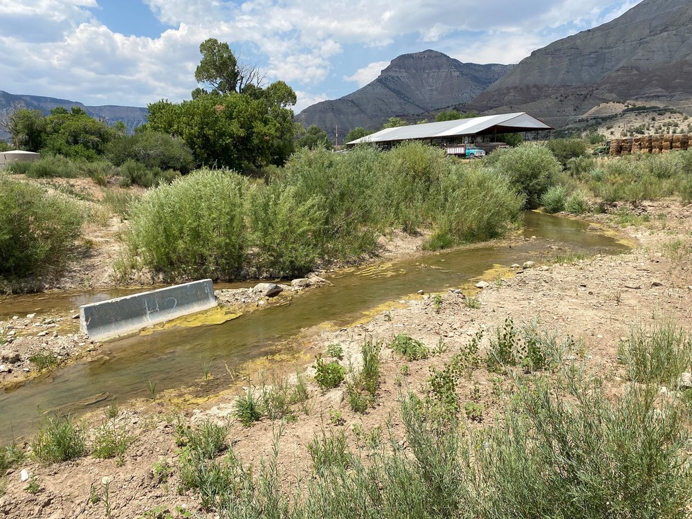 Parachute creek flowing low with mountains in background green brush in foreground
