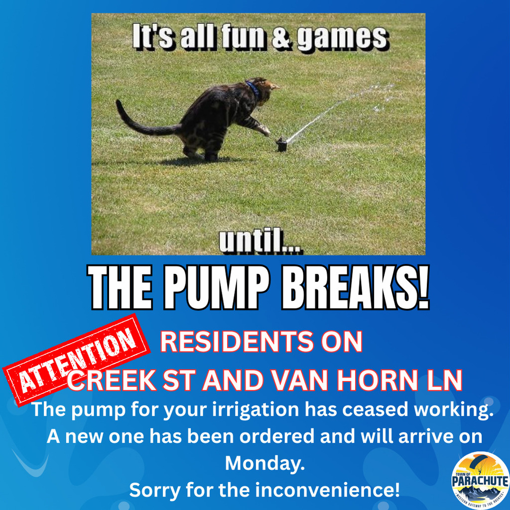 It's all fun and games until...the pump breaks. Attention: Residents on Creek St and Van Horn Ln...The pump for your irrigation has ceased working.  A new one has been ordered and will arrive on Monday.  Sorry for the inconvenience!