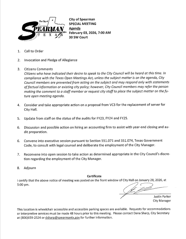 2-3-26 Special Meeting Agenda