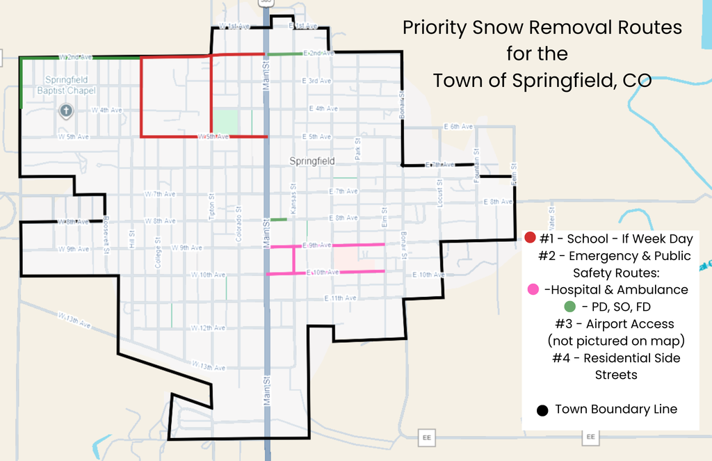 This image is a map regarding the Priority Snow Removal Routes for the Town of Springfield, CO. The black colored line indicated the Town Boundary line. The red highlighted route indicates town's priority number one, the school if it is a week day. The town's number two priority is emergency and public safety routes. They are indicated in pink, for the hospital and ambulance, and in green for the police department, sheriff's office, and fire department. Airport access is given priority number three although it is not pictured on the map. Then the number 4 priority is given to the residential side streets. all of this text is featured in a small legend on the map with a white square background.