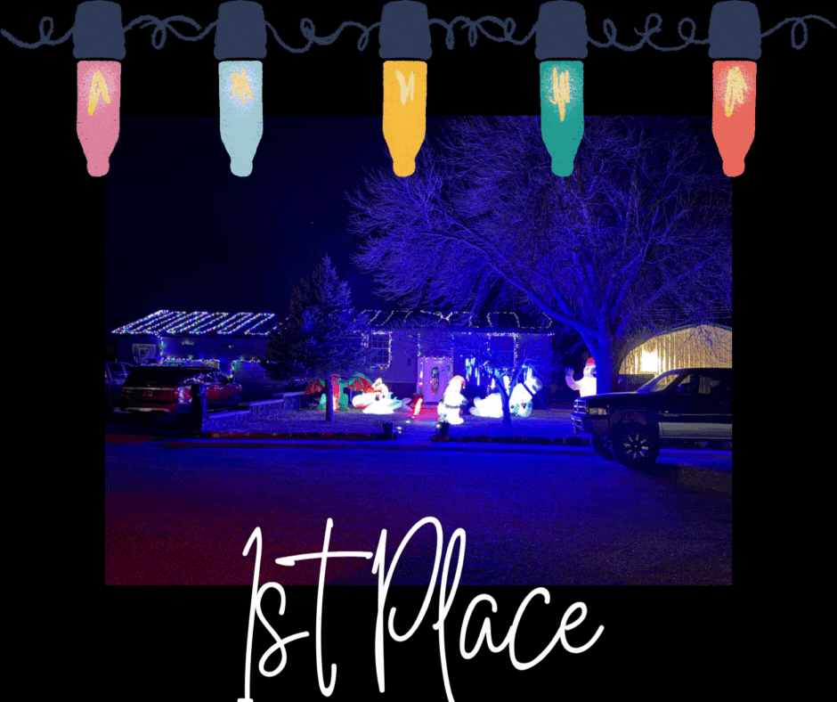 Nighttime photo of a house decorated with Christmas lights and illuminated holiday figures in the yard. Colorful illustrated Christmas light bulbs frame the top of the image. The words ‘1st Place’ appear in white script at the bottom, indicating the display won first place.
