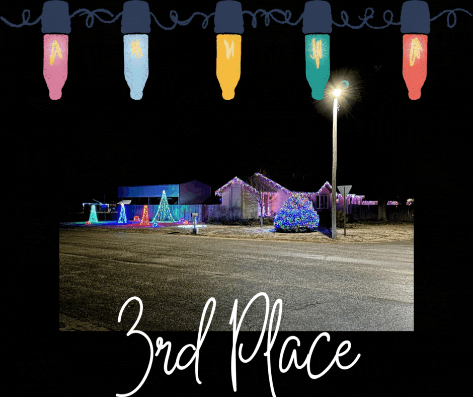 Nighttime photo of a house decorated with Christmas lights. Colorful illustrated Christmas light bulbs frame the top of the image. The words ‘3rd Place’ appear in white script at the bottom, indicating the display won third place.