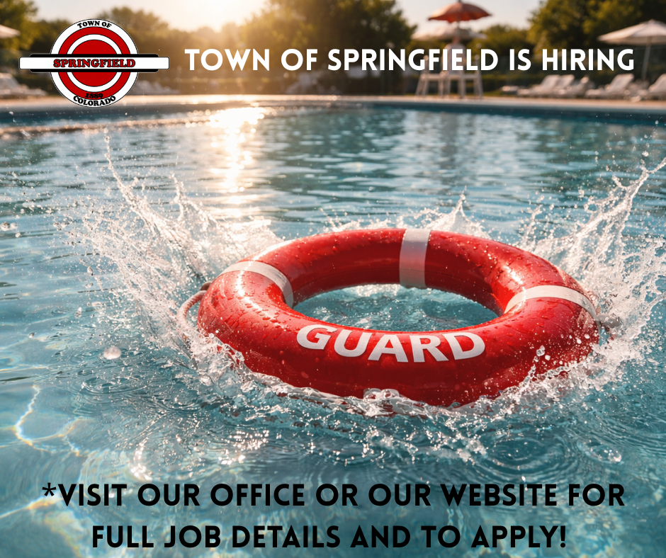 A bright, sunny outdoor swimming pool scene with a red life preserver labeled “GUARD” splashing into the water in the foreground. In the background, a lifeguard chair with a red umbrella and lounge chairs are visible. At the top, text reads “Town of Springfield is Hiring” alongside the Town of Springfield logo. At the bottom, text reads “Visit our office or our website for full job details and to apply!”
