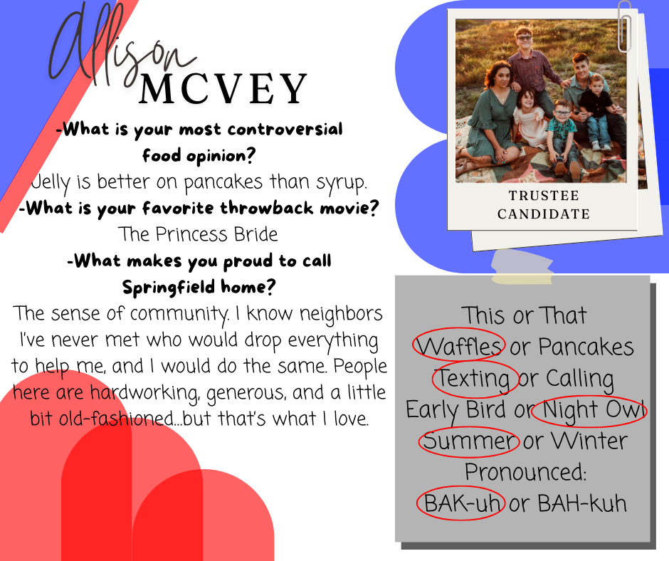 Graphic introducing trustee candidate Allison McVey. The design features a family photo on the right with a label “Trustee Candidate,” and text on the left sharing her responses to lighthearted questions. Her “most controversial food opinion” is that jelly is better on pancakes than syrup. Her favorite throwback movie is The Princess Bride. When asked what makes her proud to call Springfield home, she highlights the strong sense of community, describing neighbors as hardworking, generous, and willing to help one another. A “This or That” section shows her preferences circled: waffles over pancakes, texting over calling, night owl, summer over winter, and pronouncing “BAK-uh” instead of “BAH-kuh.”
