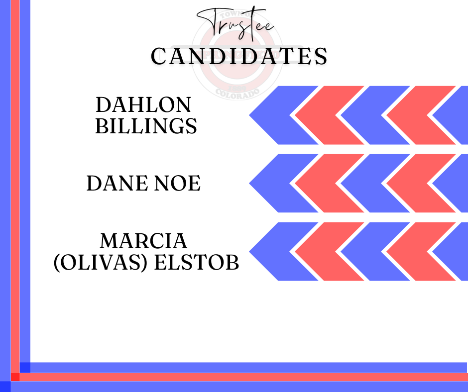 A promotional graphic for "Trustee Candidates" featuring red, white, and blue branding. The top center displays a circular town seal with "Town of" and "Colorado" visible, partially overlaid by the word "Trustee" in script and "CANDIDATES" in bold, black serif font. Below, the names of three candidates are listed on the left: Dahlon Billings, Dane Noe, and Marcia (Olivas) Elstob. To the right of each name is a horizontal graphic of three overlapping chevrons in blue and red. The image is framed by blue and red border lines on the left and bottom edges.