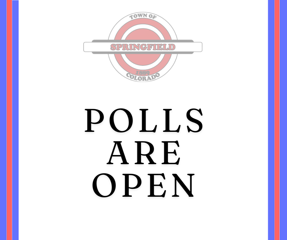 Visual Graphic with red and blue stripes on both the right and left sides. A semi-transparent town of Springfield logo is featured at the top, with the words "POLLS ARE OPEN" below it.