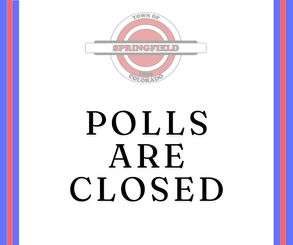 Visual Graphic with red and blue stripes on both the right and left sides. A semi-transparent town of Springfield logo is featured at the top, with the words "POLLS ARE CLOSED" below it.