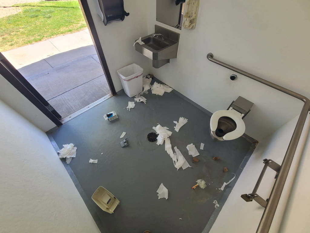 Accessible public restroom with a toilet and wall-mounted sink. The floor is heavily littered with torn toilet paper, trash, and debris scattered throughout. A small trash can sits near the sink, partially used, while more paper is strewn around it. The restroom door is open, showing the outside walkway and grass.