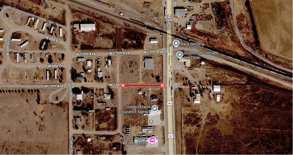 Screenshot of Google Map's satellite of Springfield, CO edited to show the road closure extending from Main St to Colorado St along 16th Ave.