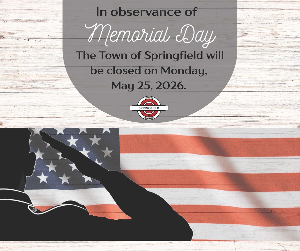 Town of Springfield Memorial Day closure notice with American flag background and saluting silhouette. Offices closed Monday, May 25, 2026.
