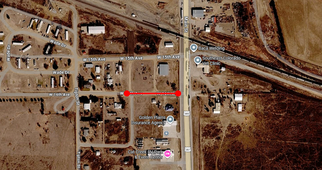 Screenshot of Google Map's satellite of Springfield, CO edited to show the road closure extending from Main St through the intersection along 16th Ave.