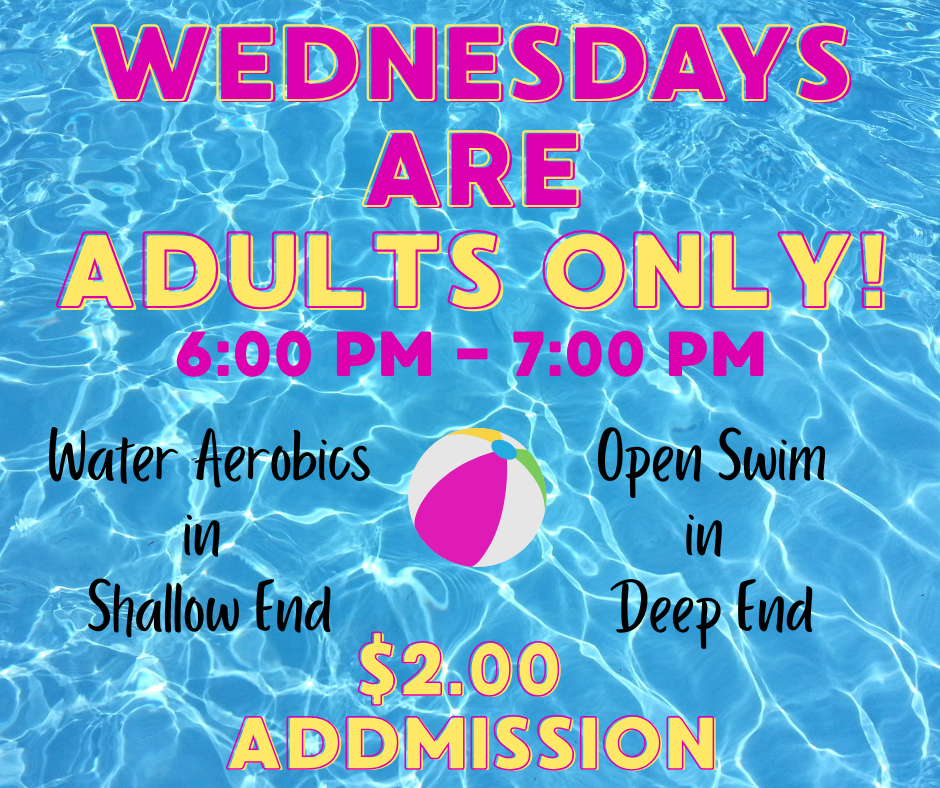 Weekly pool schedule for June 2–June 6, 2026, displayed over a blue pool water background. Tuesday through Friday mornings from 8:00–9:00 AM are designated for Ladies Morning, followed by swimming lessons from 9:00–11:00 AM. Tuesday afternoon from 1:00–6:00 PM is a free swim day sponsored by the Town of Springfield. Wednesday through Friday afternoons are regular swim hours. Wednesday from 6:00–7:00 PM is adults-only water aerobics and open swim. Saturday afternoon from 1:00–6:00 PM is a free swim day sponsored by People's Credit Union.
