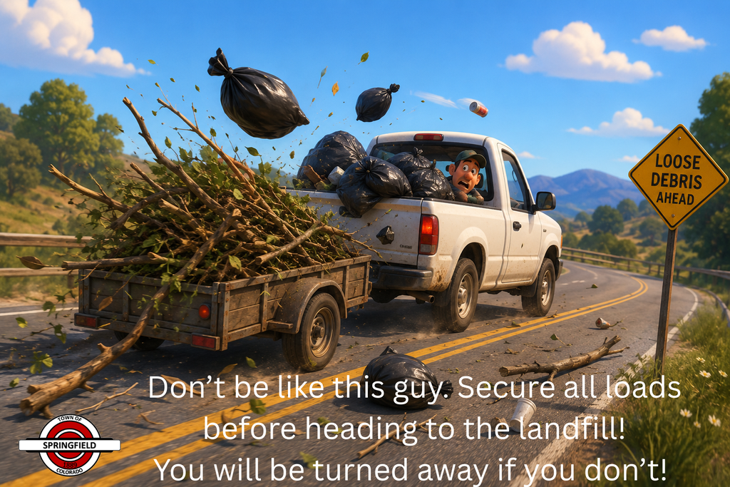 illustration of a white pickup truck pulling a small utility trailer down a rural road. The truck bed is piled with black trash bags, and the trailer is overloaded with brush, branches, and yard debris. Nothing is secured, and trash bags, sticks, leaves, and litter are flying off into the roadway, creating a hazard for other drivers. The driver looks alarmed as debris scatters behind the vehicle. A yellow roadside sign reads “Loose Debris Ahead,” emphasizing the importance of properly securing loads during transport. The Town of Springfield logo can be seen on the bottom left side, and text is included on the picture reading "Don't be like this guy. Secure all loads before heading to the landfill! You will be turned away if you don't!"