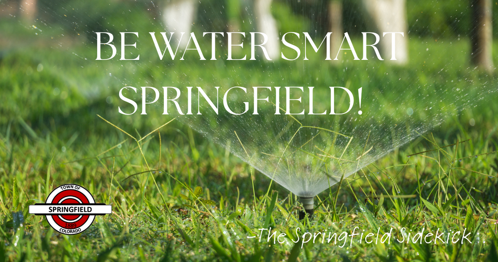 A picture of green grass with sprinklers running. White lettering is featured saying "Be water smart Springfield! - The Springfield Sidekick." The town logo is featured on the bottom left side.
