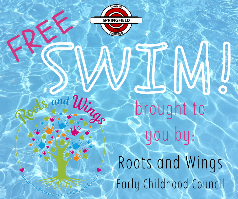 Free swim brought to you by Roots and Wings Early Childhood Council featuring their logo and the town of springfield logo on it.