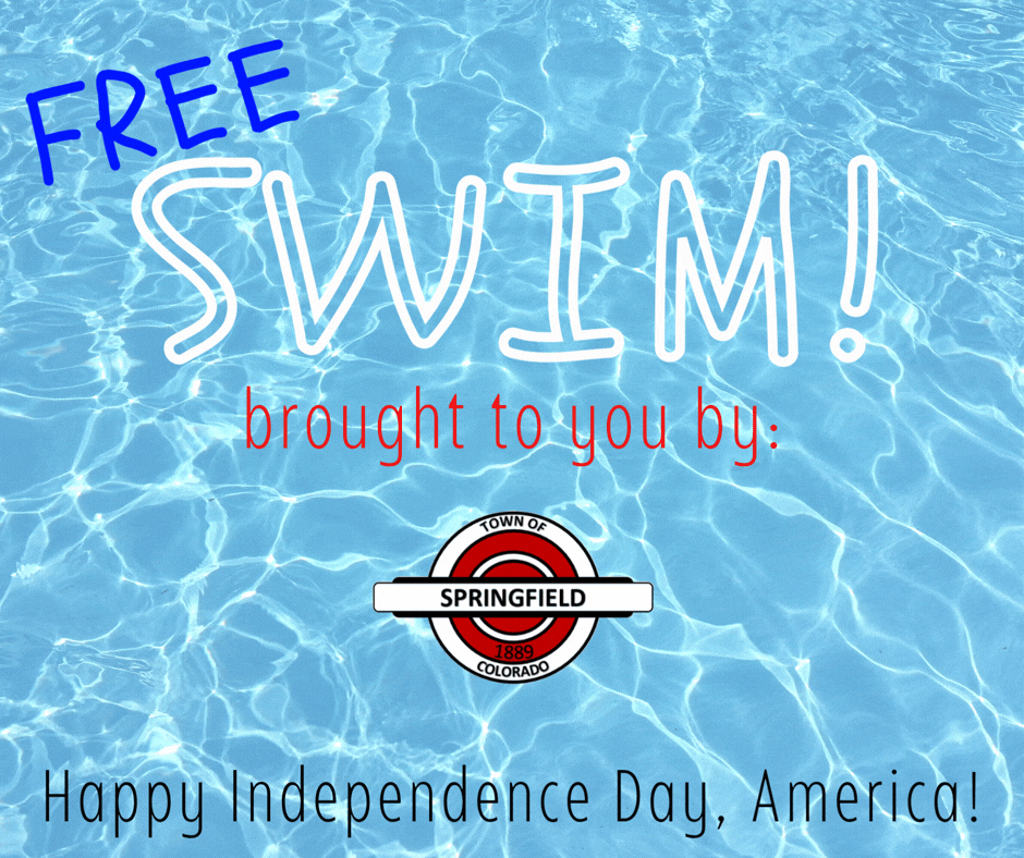 Free Swim brought to you by the Town of Springfield. Happy Independence Day, America! Featuring the town's logo and fireworks.