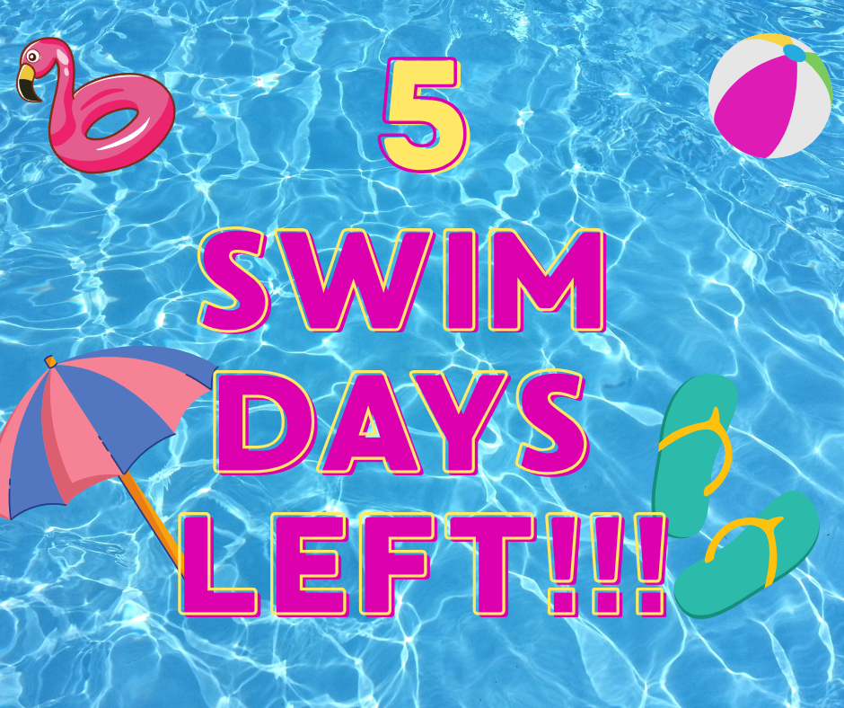 Graphic with a blue swimming pool water background featuring large pink and yellow text that reads: "5 Swim Days Left!!!" Decorative summer-themed graphics surround the text, including a pink flamingo pool float in the upper left, a beach ball in the upper right, a beach umbrella in the lower left, and a pair of flip-flops in the lower right. The graphic serves as a reminder that only five days remain in the pool season.