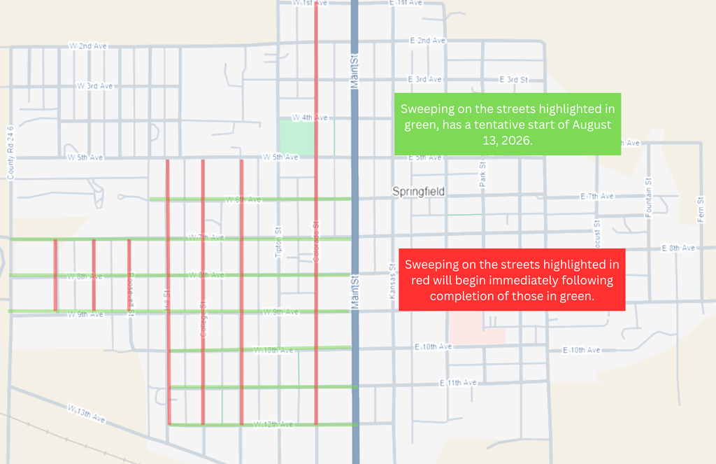 Map of Springfield showing planned street sweeping routes. Streets highlighted in green are scheduled to be swept first, with a tentative start date of August 13, 2026. Streets highlighted in red will be swept immediately after the green routes are completed.